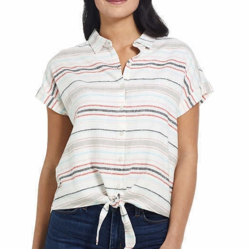 Weatherproof Vintage Washable Linen Blend Stripe Tie Front Shirt XL